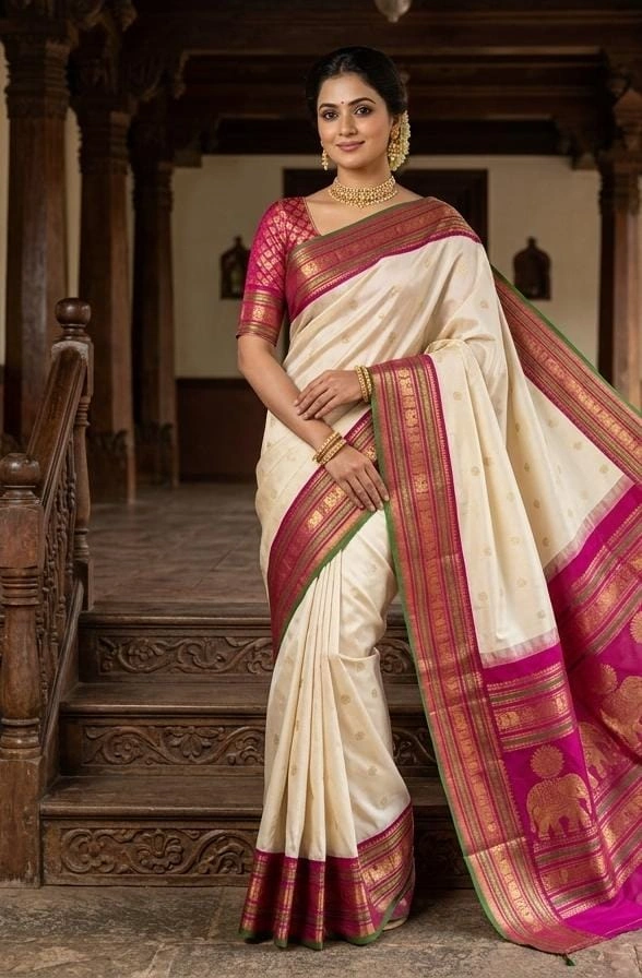 Magenta Zari Border and Woven Motifs Saree